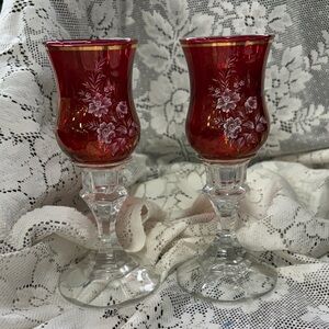 Vintage Ruby luminous crystal glass set with gold trim and floral accents